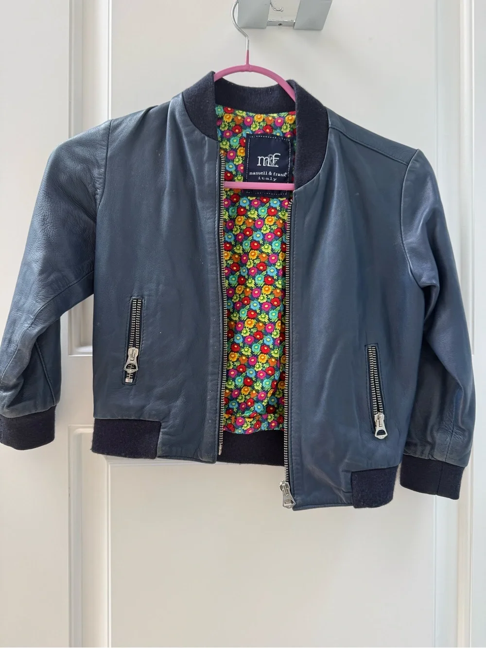 m&f Kids Navy Leather Bomber Jacket with Colorful Lining